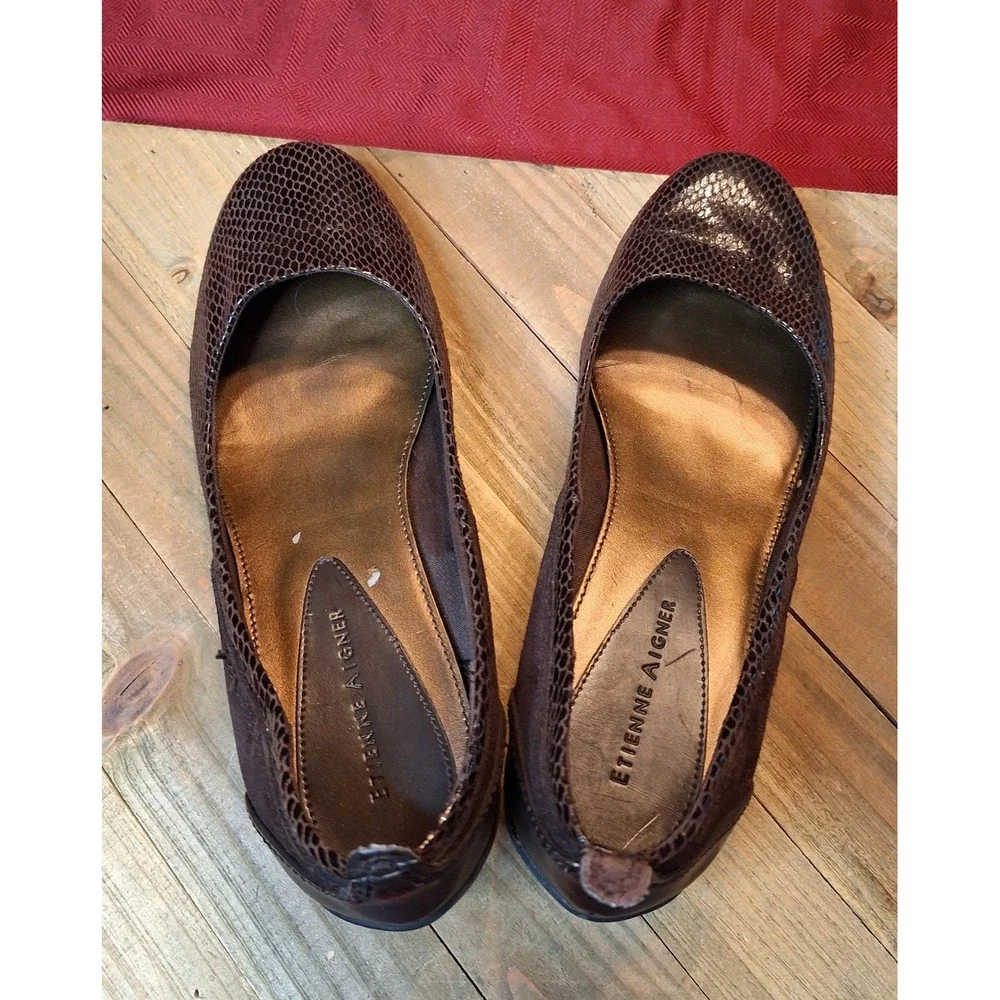 Etienne Aigner Carol Brown Snakeskin Embossed Suede Wedge Pumps Womens 8M‎